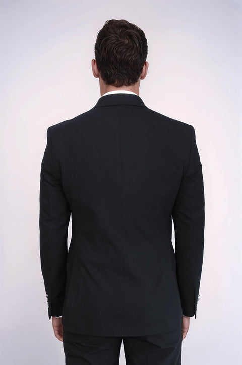 Modern Fit Double-Breasted Black Men’s Suit with Silver-Tone Metal Buttons – Wessi