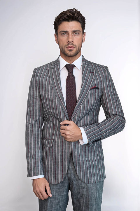 Striped Two Piece Grey Men Suit - Wessi