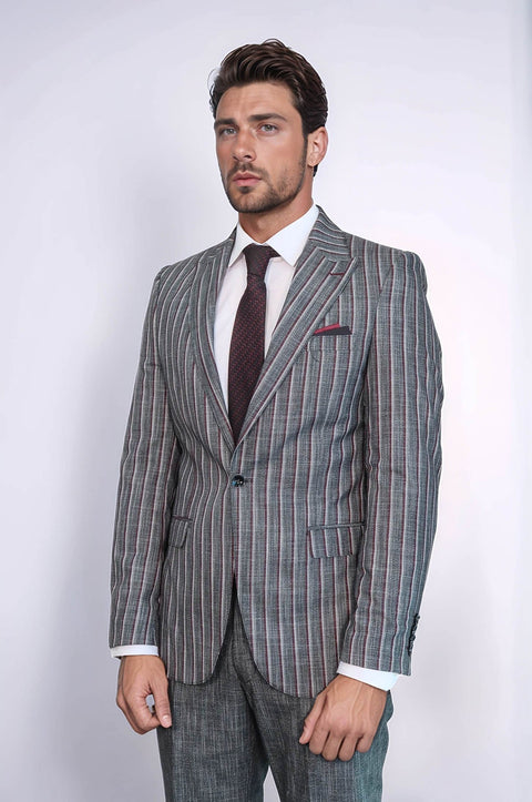 Striped Two Piece Grey Men Suit - Wessi