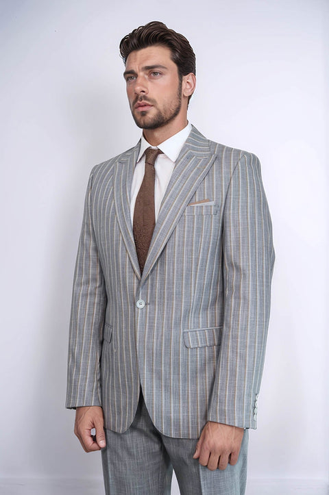 Striped Blazer Plain Pants Grey Men Suit - Wessi