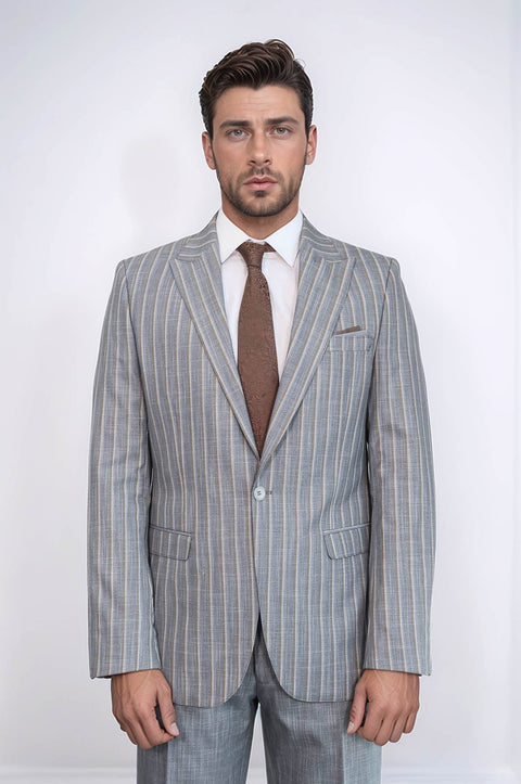 Striped Blazer Plain Pants Grey Men Suit - Wessi