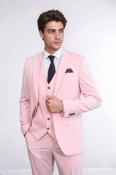 Pink Men's Plain Suit with Vest - Wessi