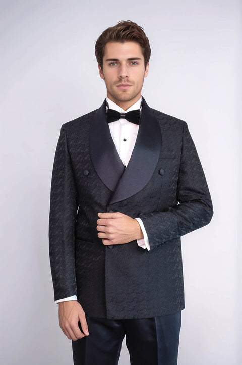 Satin Shawl Collar Patterned Double Breasted Black Men Tuxedo Suit - Wessi
