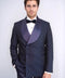 Satin Shawl Collar Patterned Double Breasted Navy Blue Men Tuxedo Suit - Wessi