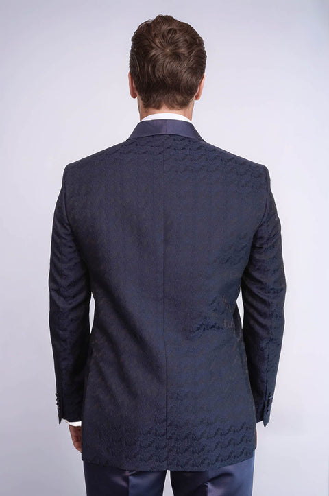 Satin Shawl Collar Patterned Double Breasted Navy Blue Men Tuxedo Suit - Wessi