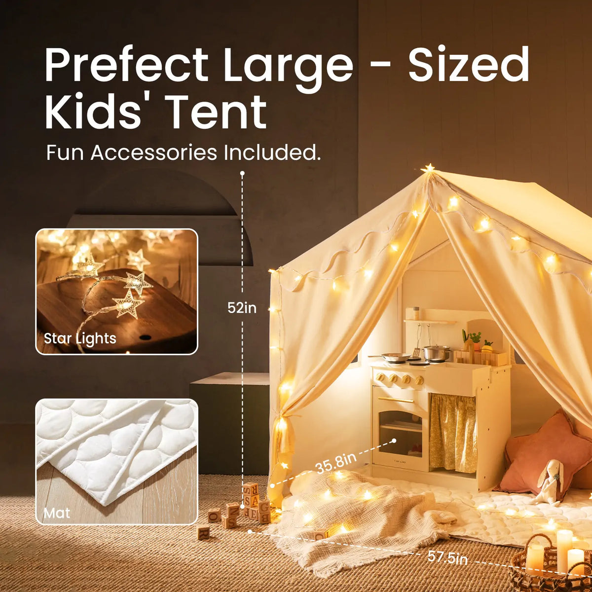 Tiny Land® Kids Tent – Large Cozy Tent with Star Lights