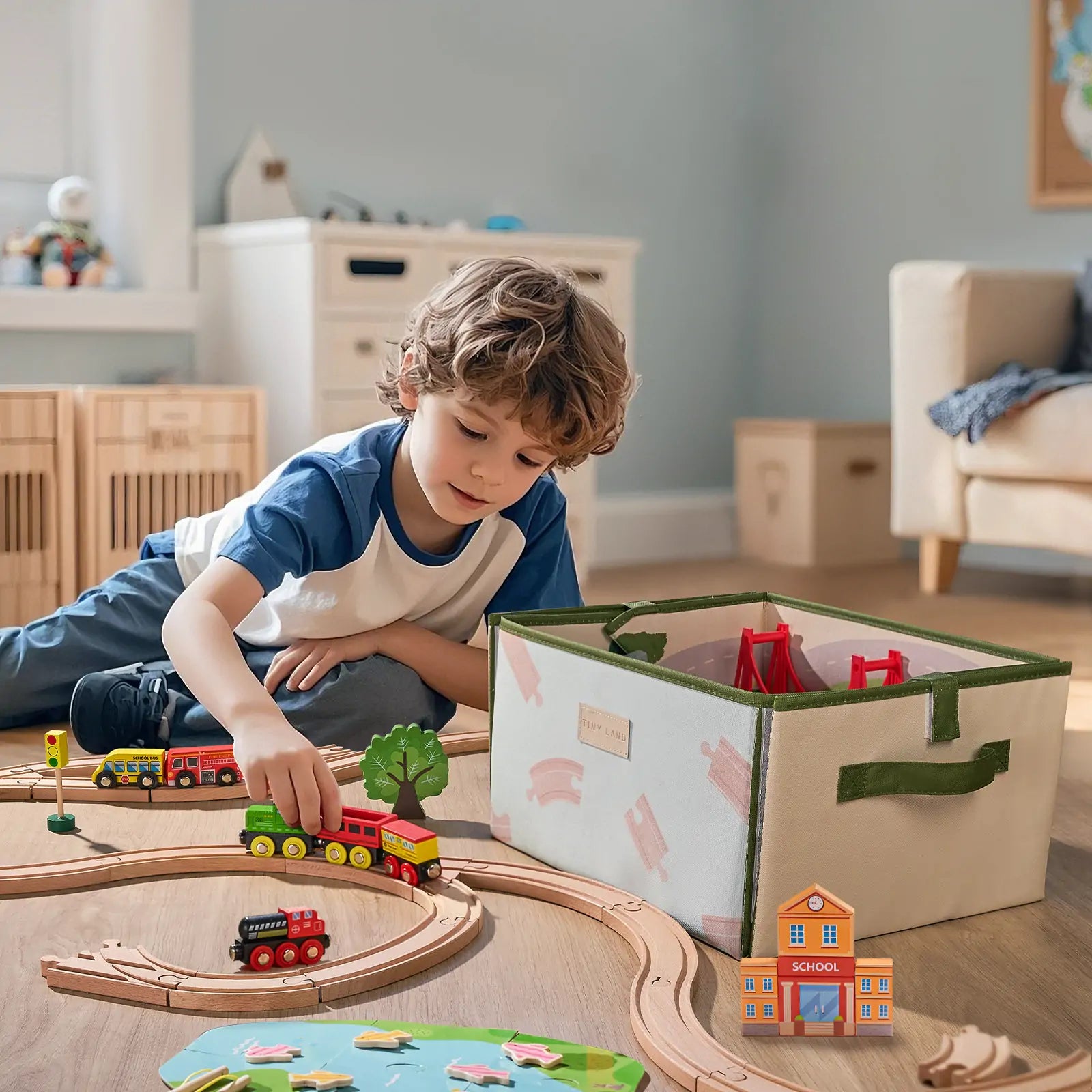 Tiny Land® 110-Piece Wooden Train Set with Folding Storage Box