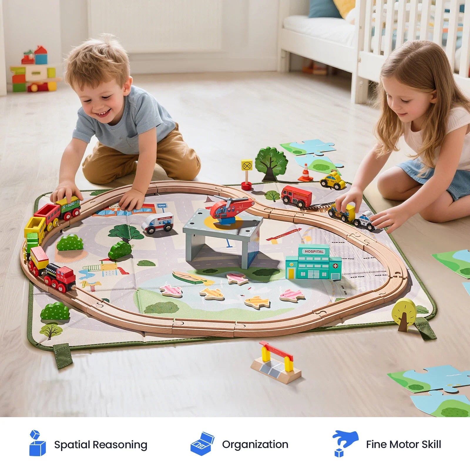 Tiny Land® 110-Piece Wooden Train Set with Folding Storage Box
