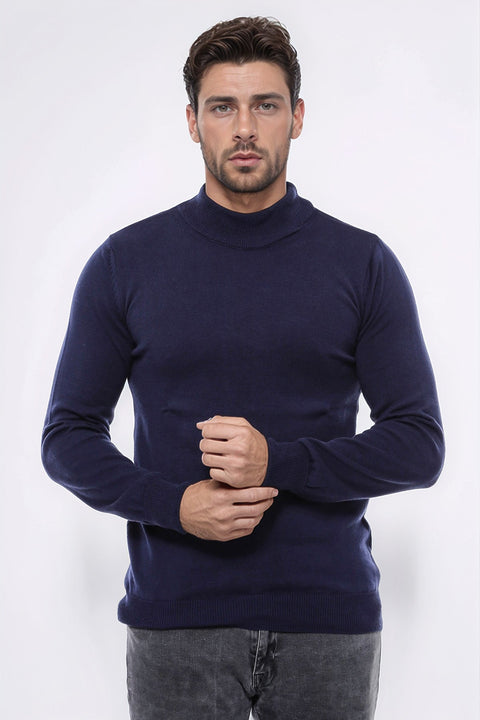 Half Turtleneck Knitwear Navy Blue Men Sweater - Wessi
