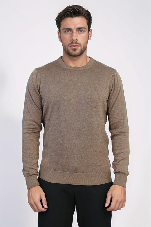 Brown Crew Neck Men Sweater - Wessi
