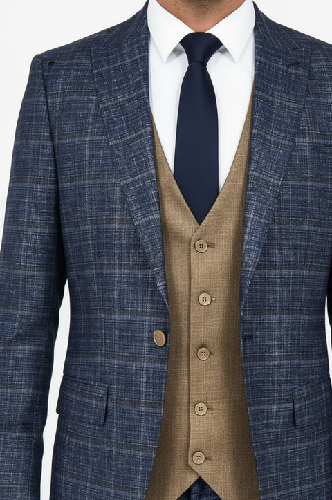Slim Fit Checked Patterned Navy Blue Men Suit - Wessi