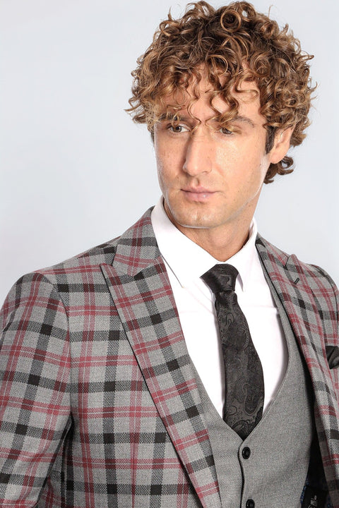 Checked Slim Fit Grey Men Suit - Wessi