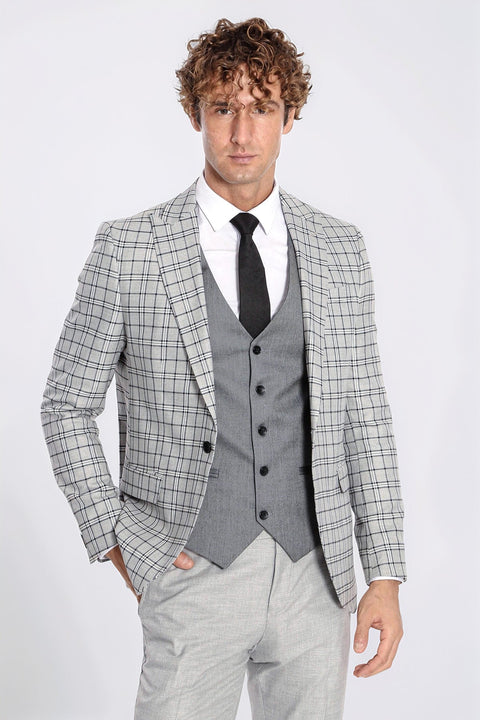 Grey Vested Slim Fit Checked Light Grey Men Suit - Wessi