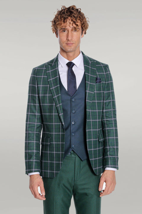 Blue Vested Slim Fit Checked Green Men Suit - Wessi
