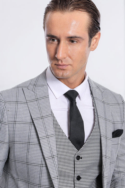 Checked Patterned Slim Fit Grey Men Suit - Wessi