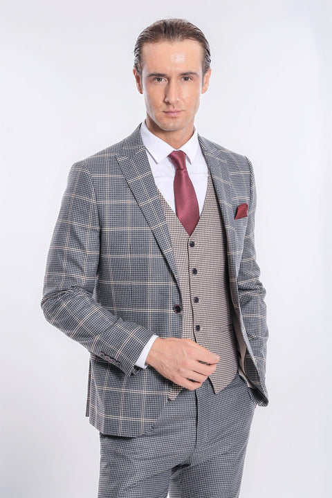 Checked Patterned Beige Vested Slim Fit Grey Men Suit - Wessi