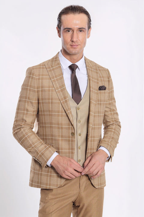 Slim Fit Checked Beige Men Suit - Wessi