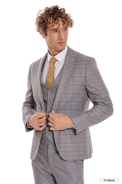 Checked Slim Fit Light Blue Men Suit - Wessi