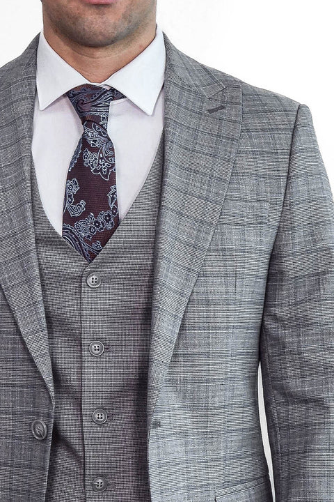 Checked Slim Fit Grey Men Suit - Wessi