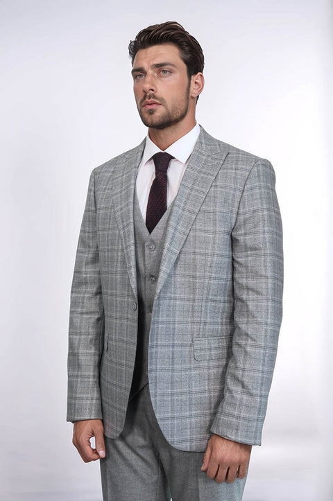 Checked Slim Fit Light Grey Men Suit - Wessi