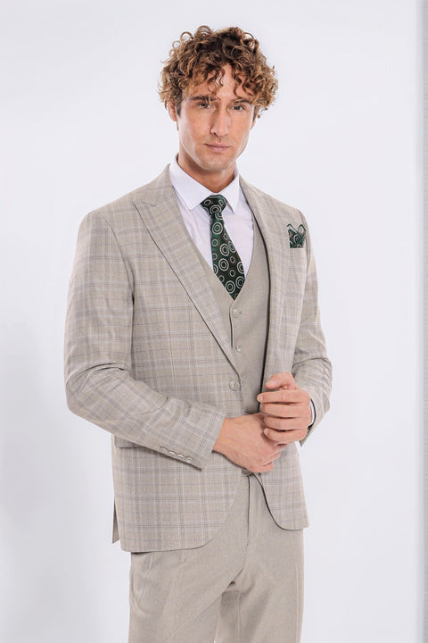 Checked Slim Fit Cream Men Suit - Wessi