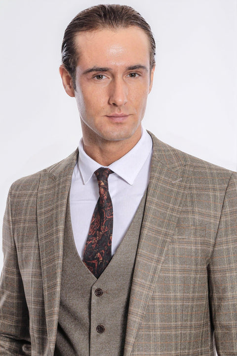 Checked Slim Fit Brown Men Suit - Wessi