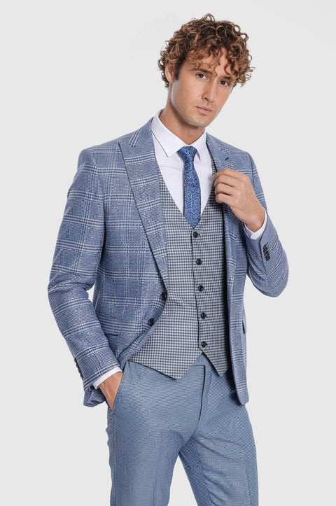 Patterned Checked Slim Fit Blue Men Suit - Wessi