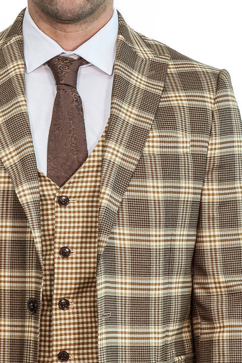 Slim Fit Patterned Checked Light Brown Men Suit - Wessi