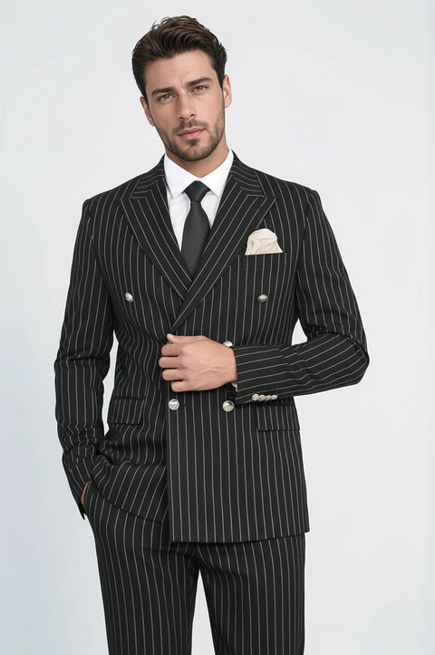 Pinstripe Double Breasted Men’s Black Suit with Silver Button Details - Wessi