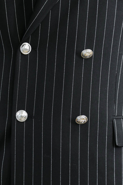 Pinstripe Double Breasted Men’s Black Suit with Silver Button Details - Wessi