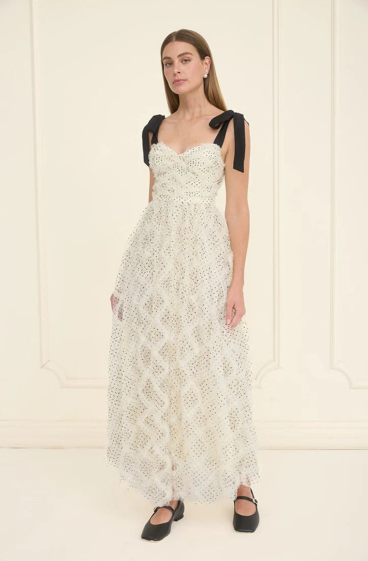 Textured Polka Dot Tulle Corset Midi Dress