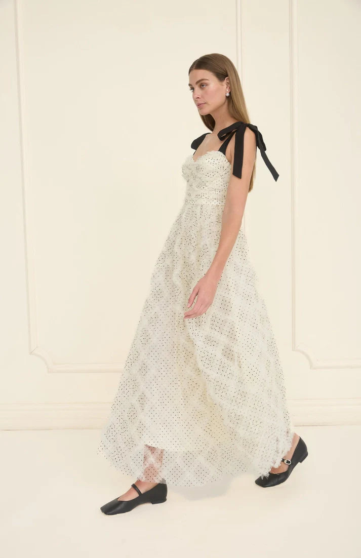 Textured Polka Dot Tulle Corset Midi Dress