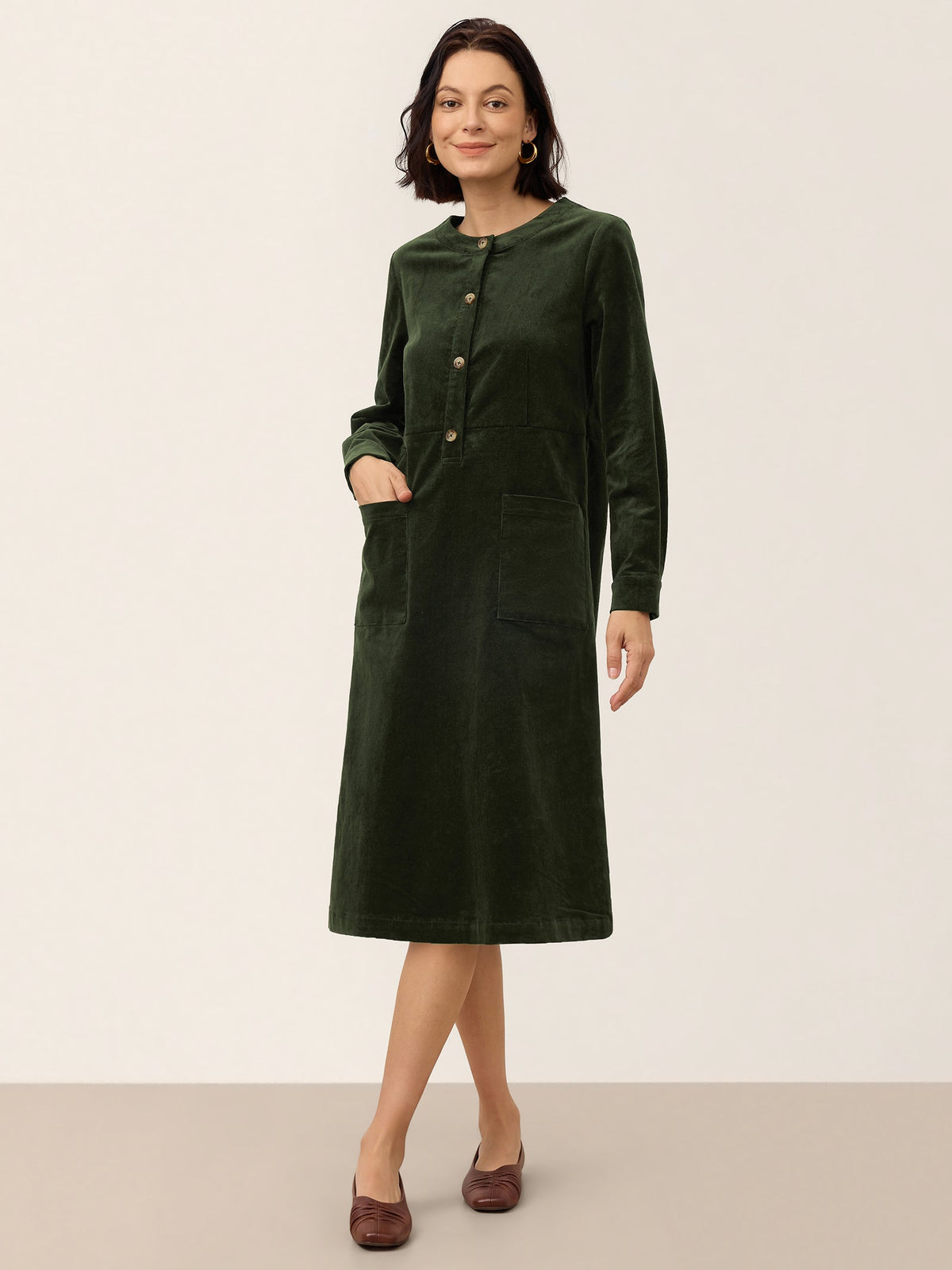 Cotton Lyocell Textured Button Front Pocket Midi Dress NOVALIE