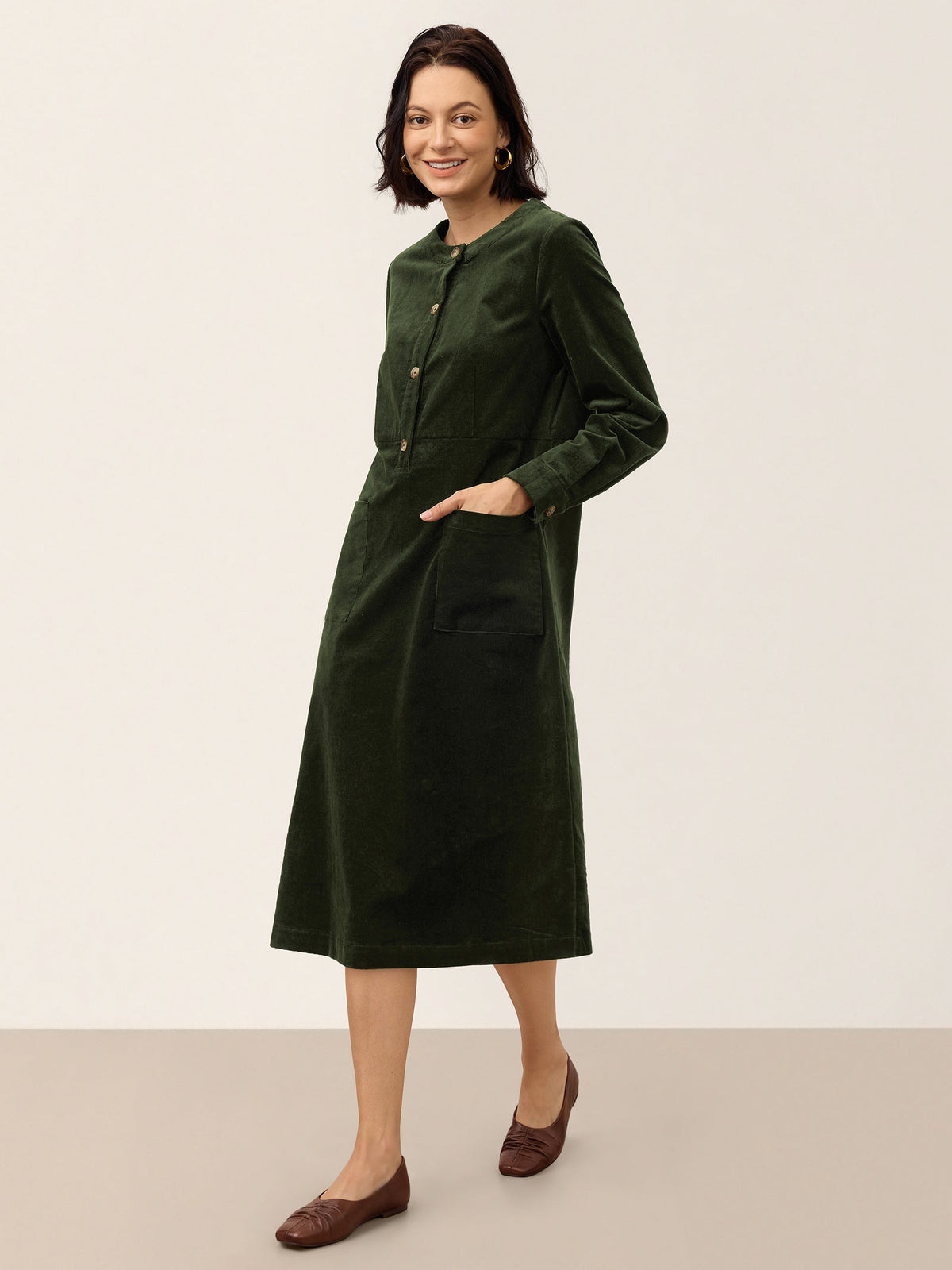 Cotton Lyocell Textured Button Front Pocket Midi Dress NOVALIE