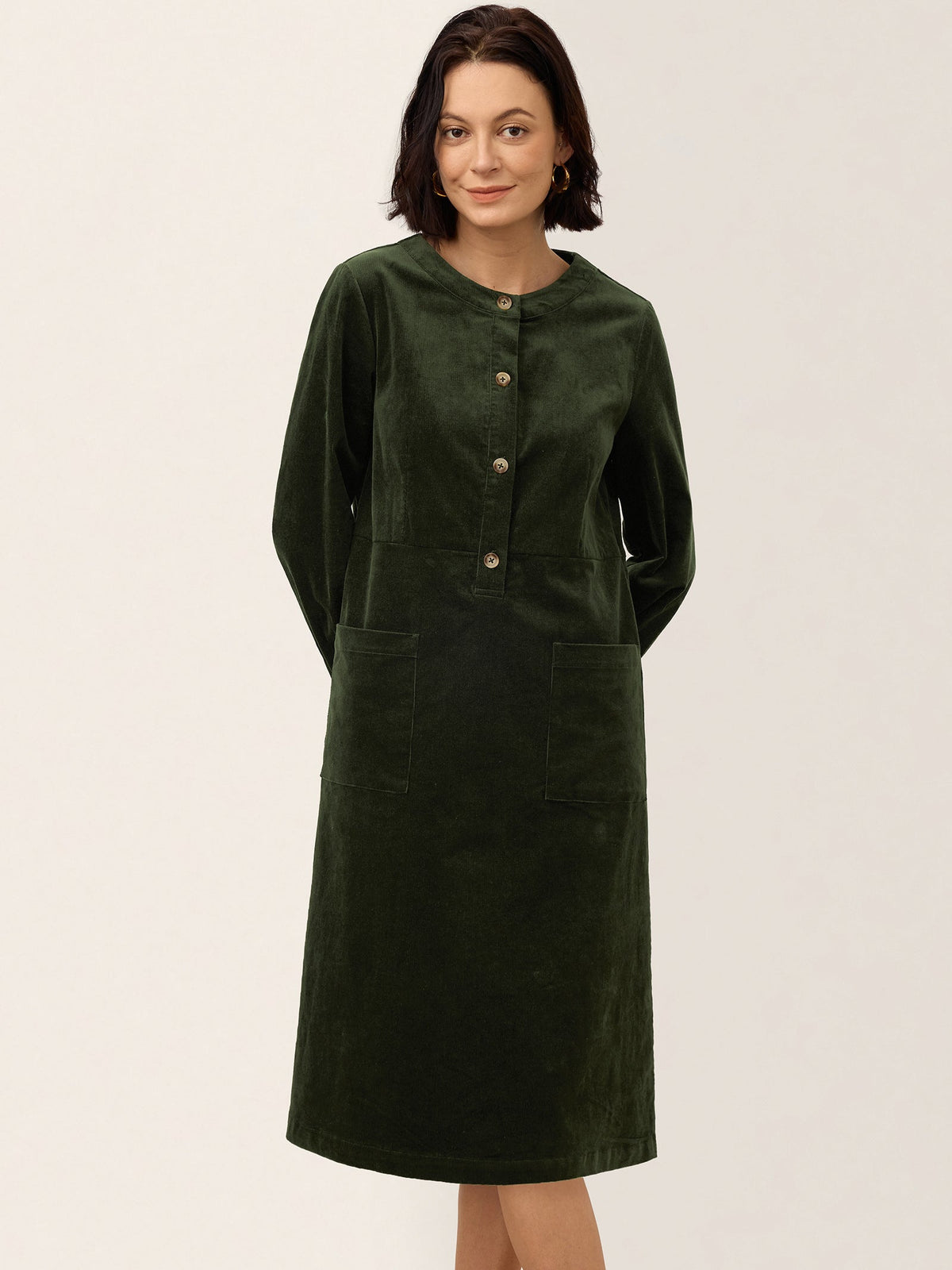 Cotton Lyocell Textured Button Front Pocket Midi Dress NOVALIE