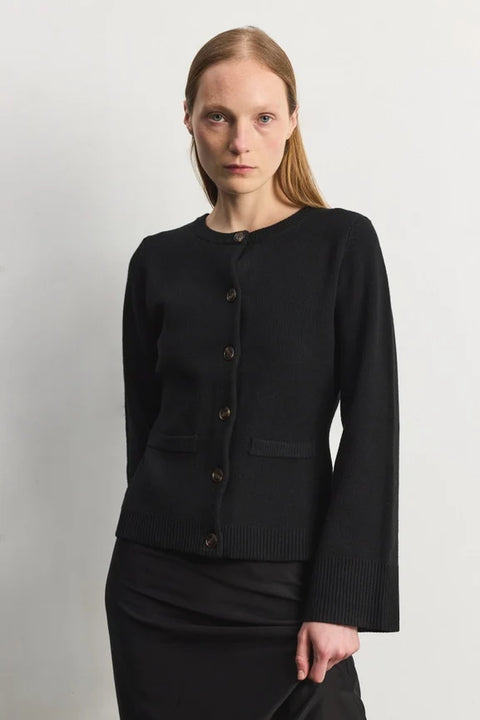 The Tyler Cardigan | Women's Bell Sleeve Buttoned Sweater - BLACK