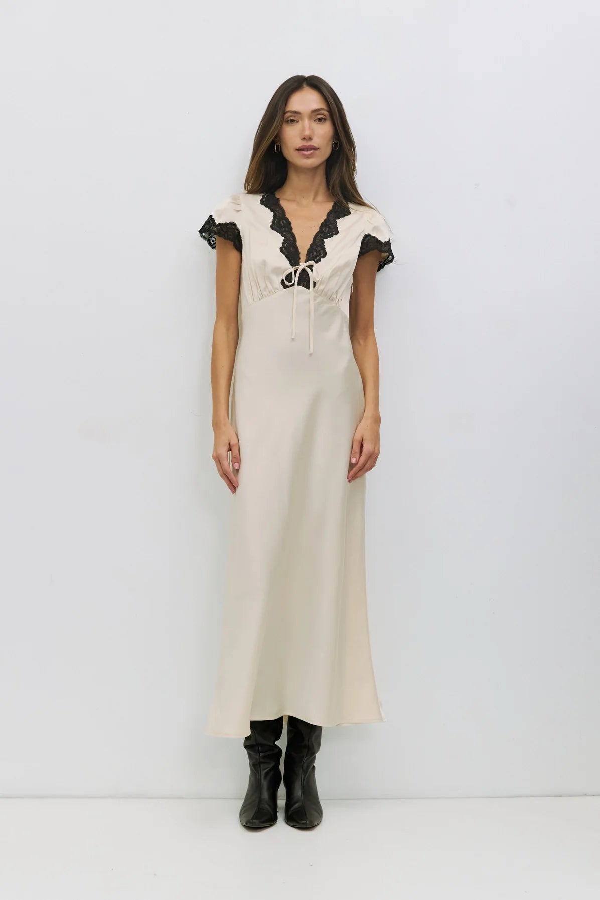 The Vivienne Dress | Lace Trim Satin Midi Dress