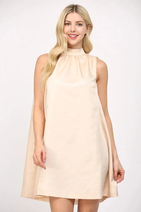 Tie Back Halter Neck Satin A-Line Dress in Champagne