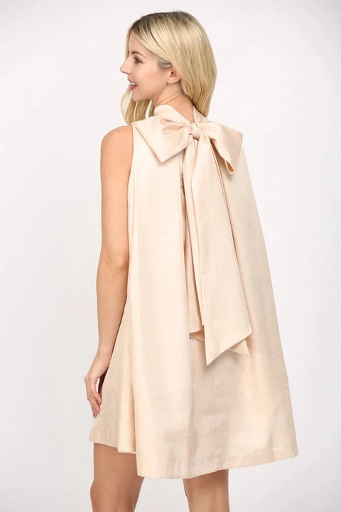 Tie Back Halter Neck Satin A-Line Dress in Champagne