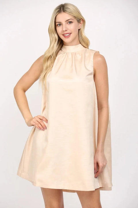 Tie Back Halter Neck Satin A-Line Dress in Champagne