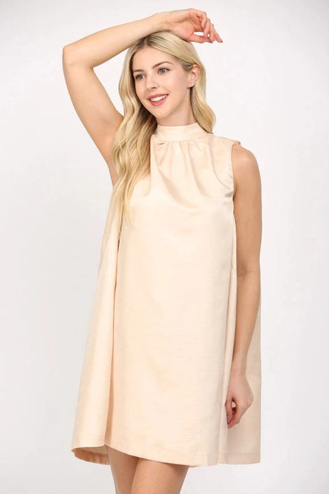 Tie Back Halter Neck Satin A-Line Dress in Champagne