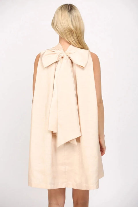 Tie Back Halter Neck Satin A-Line Dress in Champagne