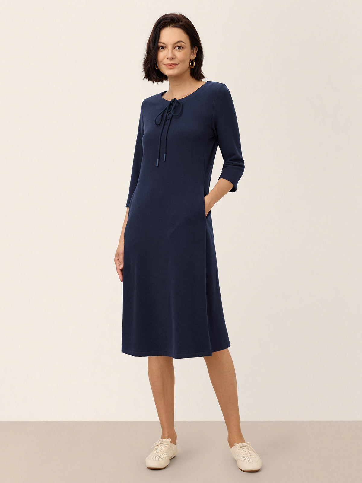 Cotton Tie Neck Three Quarter Sleeve Midi Dress SERENELLA