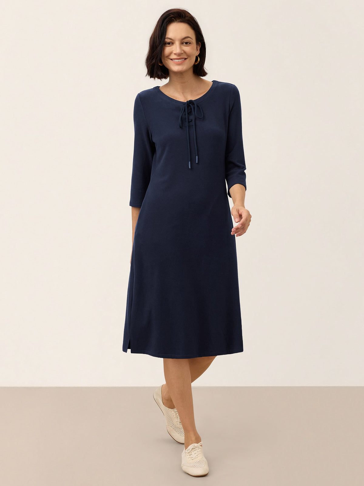 Cotton Tie Neck Three Quarter Sleeve Midi Dress SERENELLA