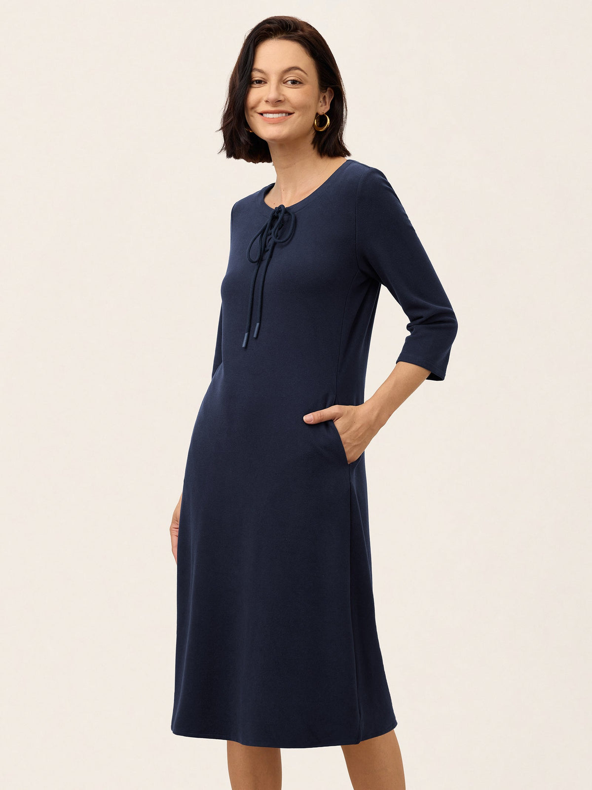 Cotton Tie Neck Three Quarter Sleeve Midi Dress SERENELLA