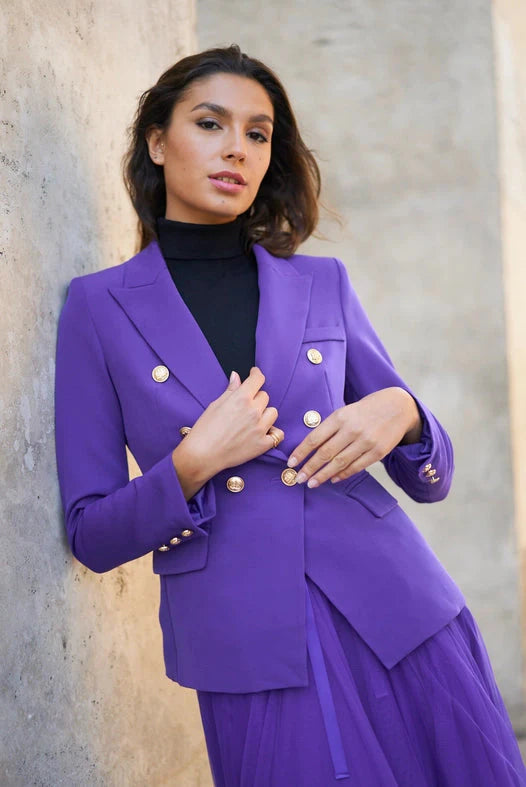 Fitted Double-Breasted Blazer with Gold Buttons - Violet