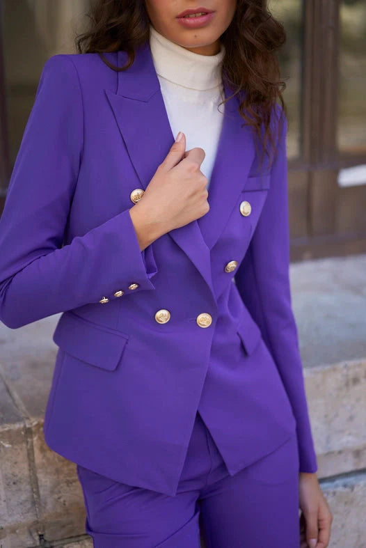 Fitted Double-Breasted Blazer with Gold Buttons - Violet