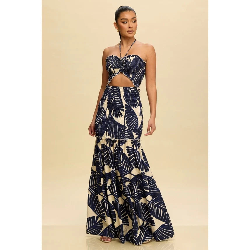Tropical Leaves Katia Scrunch Maxi Dress NAVY