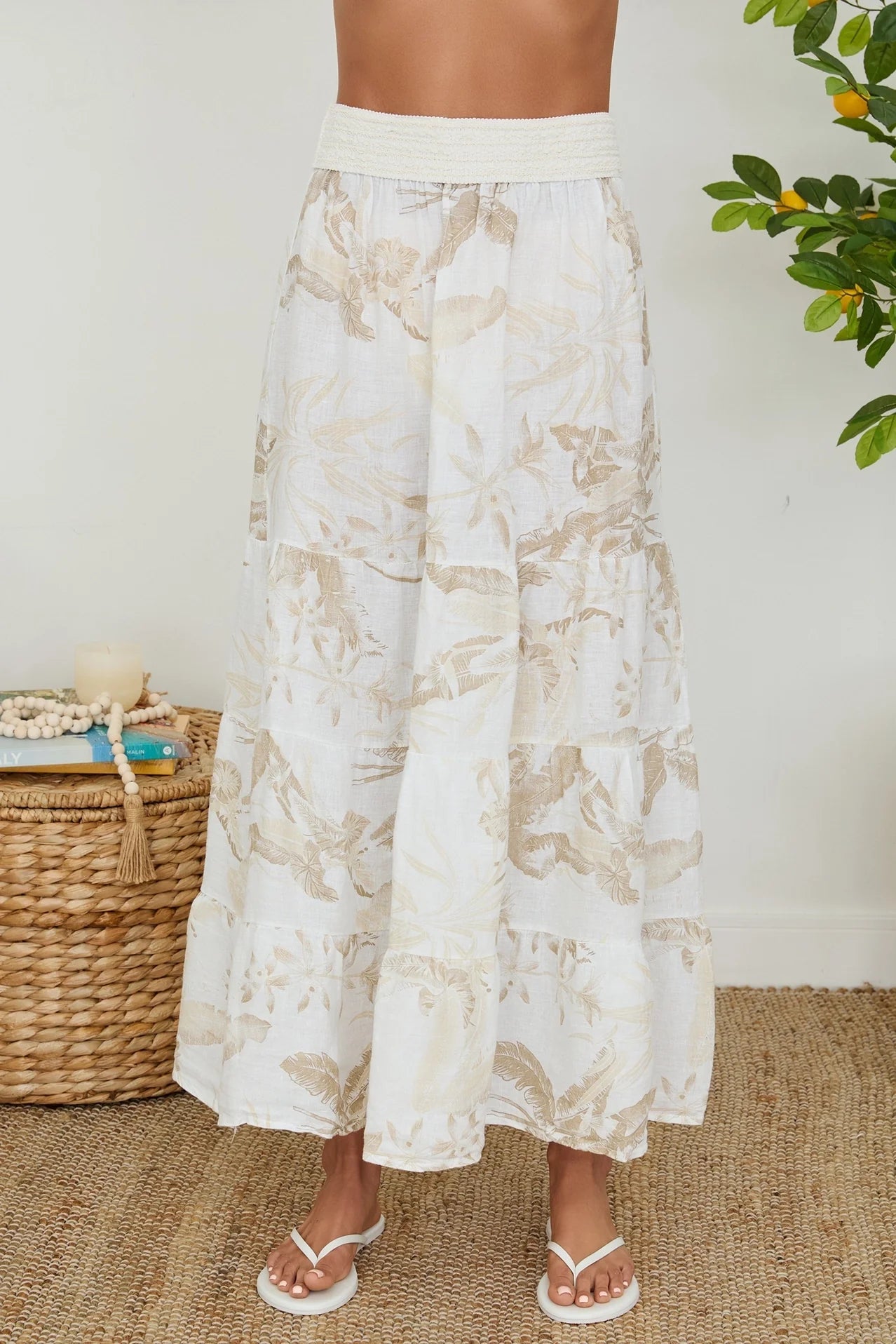 Tropical Print Tiered Linen Skirt