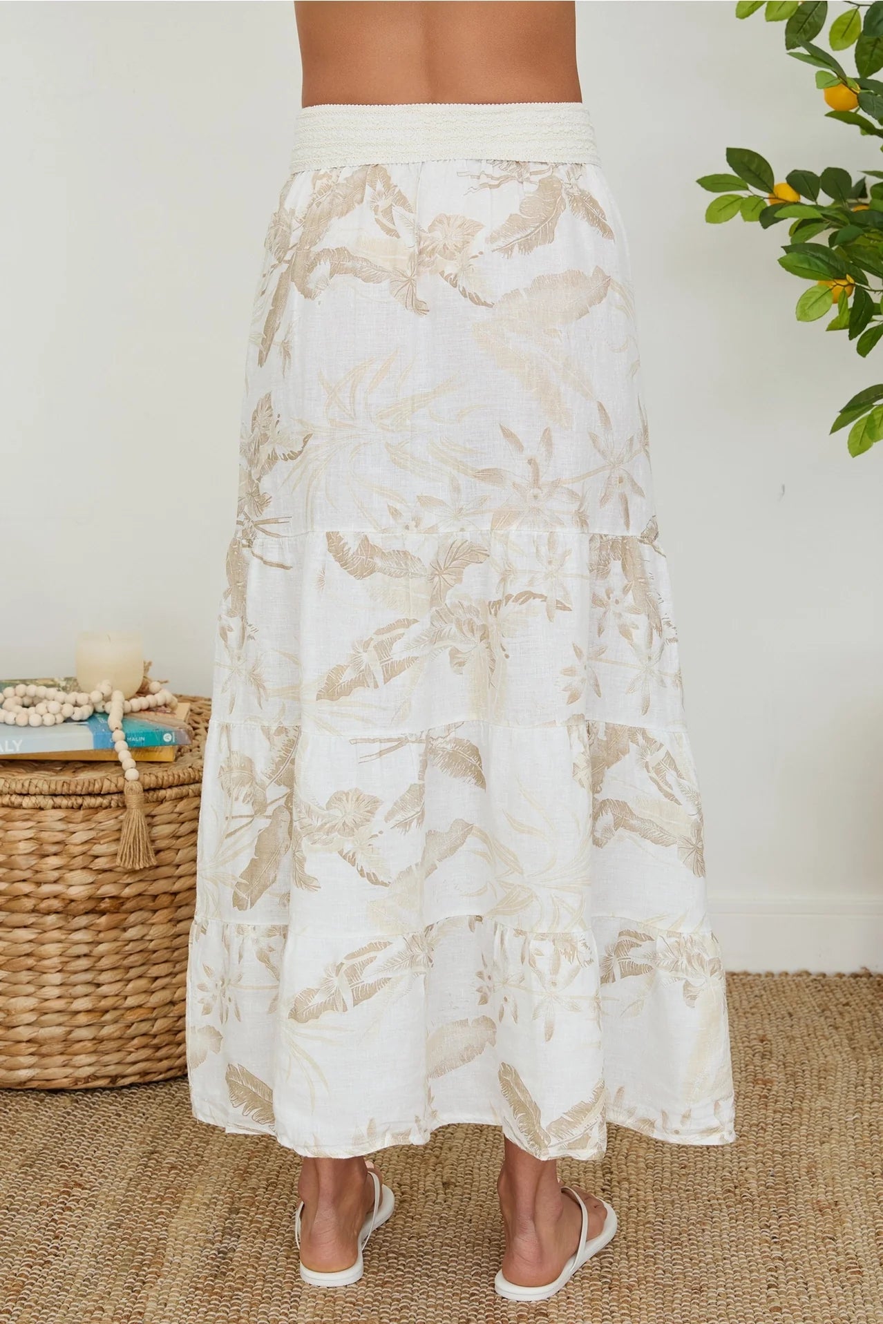 Tropical Print Tiered Linen Skirt